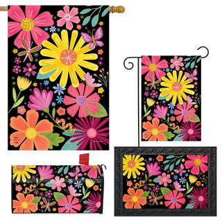 Spring Fling Collection garden flags with colorful floral design on black background in various display options.