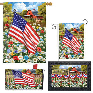 American Flower Field Collection garden flags with patriotic floral designs and USA flags in various sizes.