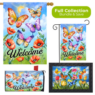 Butterflies and Poppies Welcome Collection garden flags and mat set with colorful butterflies and flowers.