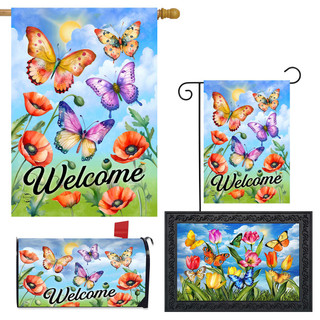 Butterflies and Poppies Welcome Collection garden flags and doormat with colorful butterflies and flowers design.
