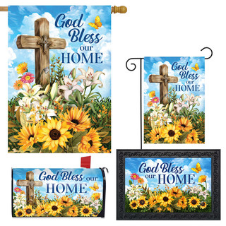 God Bless Our Home Collection garden flags with floral cross design in various sizes and frames.
