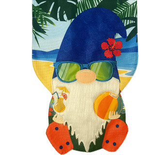 Summertime Gnome Burlap Garden Flag with blue hat, sunglasses, and beach themed tropical design.