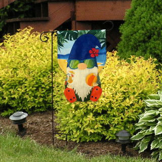 Summertime Gnome Burlap Garden Flag with colorful gnome design on burlap material outdoor decoration.