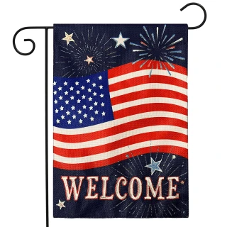 Burlap garden flag with American flag design, fireworks, and Welcome text on navy blue background.