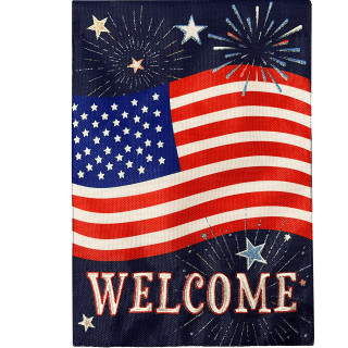 Celebrate America Burlap House Flag with patriotic American flag design and welcome text on navy background.