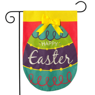 Happy Easter Egg Burlap Garden Flag with yellow bow multicolor egg design on burlap fabric.