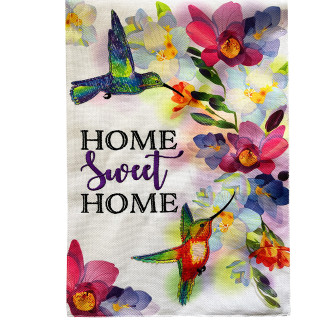 Vibrant burlap garden flag with hummingbirds, colorful flowers, and "Home Sweet Home" text.
