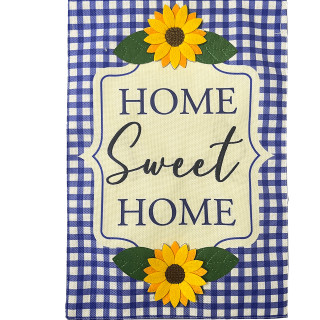Blue checkered garden flag with sunflowers and "Home Sweet Home" text on beige background.