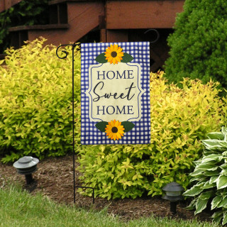 Blue checkered garden flag with sunflowers and "HOME Sweet HOME" on burlap material outdoor decor.