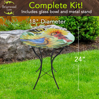 Birds in the Garden Glass Birdbath, 18" diameter, 24" tall, colorful garden decor with metal stand.