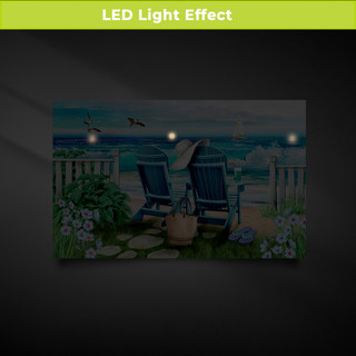 Seaside Escape Large LED Canvas Art with blue chairs and serene ocean view at dusk.