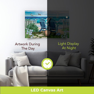 Seaside Escape Large LED Canvas Art with serene beach scene and illuminated night display.