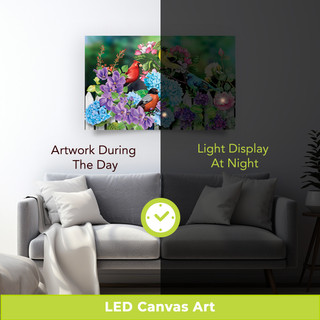Feathered Friends Large LED Canvas Art with colorful floral and bird design, day and night display.