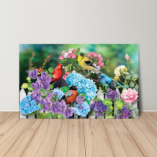 Large LED canvas art with colorful birds and flowers, featuring hydrangeas and vibrant blooms.