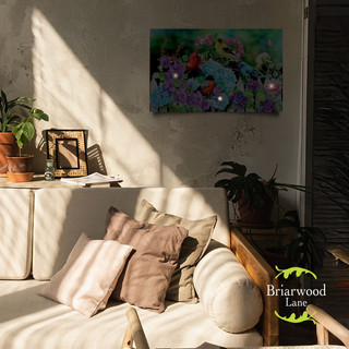 Large LED canvas art with colorful feathers and flowers, from Briarwood Lane's Feathered Friends collection.