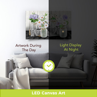 Large LED canvas art with checkered mason jars and flowers in a white vase displayed.