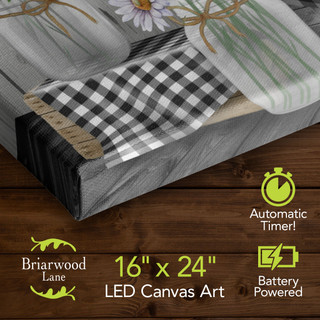 Large LED canvas art, 16x24 inches, black and white checkered mason jars with flowers design.