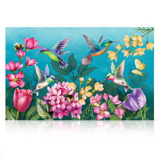 Vibrant hummingbirds and flowers on Springtime Hummingbirds Large LED Canvas Art with colorful blooms and leaves.