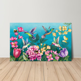 Springtime Hummingbirds Large LED Canvas Art with colorful hummingbirds, flowers, and butterflies on blue background.