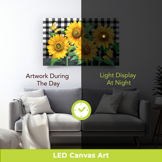 Large LED canvas art with checkered background and bright yellow sunflowers.