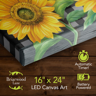Briarwood Lane Checkered Sunflowers Large 16"x24" LED Canvas Art with yellow flowers and gray background.