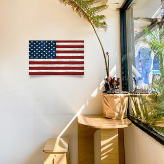 Large LED canvas American flag art on a white wall with wooden table and plant nearby.