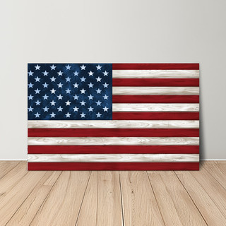 Large LED canvas art, Wood American Flag with red, white, and blue colors, wooden texture visible.