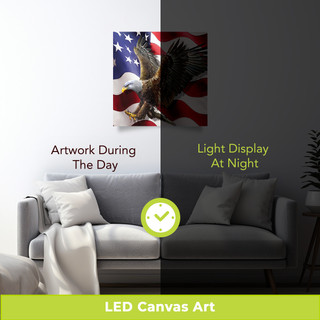 American Freedom Eagle Medium LED Canvas Art with eagle and flag design in daylight and night light.