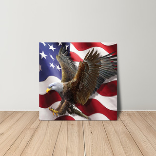 American Freedom Eagle Medium LED Canvas Art with eagle and American flag design on wooden floor.