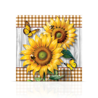 Sunflower Duo Medium LED Canvas Art with yellow flowers, butterflies, and brown gingham on wood background.