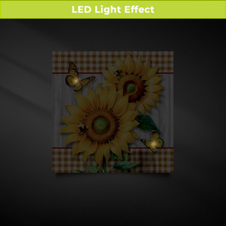 Sunflower Duo Medium LED Canvas Art with yellow sunflowers, butterflies, and plaid background with LED light effect.