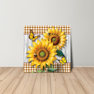 Medium LED canvas art, Sunflower Duo, featuring vibrant yellow sunflowers and butterflies on wood grain background.