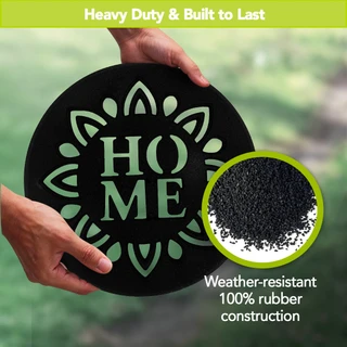 Black rubber stepping stone with green HOME logo, weather-resistant 100% rubber construction, round home decor.