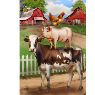 Farm Friends House Flag with cow, pig, and chicken on a farm with red barns.