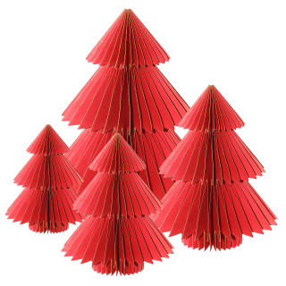 Red magnetic honeycomb paper Christmas trees in various sizes, multipack of four S-M-L-XL decorative trees.