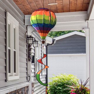 Rainbow Deluxe Hot Air Balloon Spinner, colorful, multi-colored, outdoor decorative garden spinner on a stand.