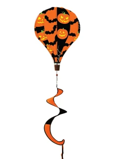 Halloween Hot Air Balloon Spinner with orange and black jack-o-lanterns, bats, and ribbon tail decoration.