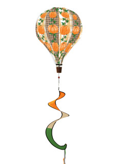 Pumpkins Deluxe Burlap hot air balloon spinner with orange pumpkins and green spiral tail decoration.