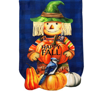Happy Fall Scarecrow Burlap Garden Flag with pumpkins, blue bird, and green hat decoration.