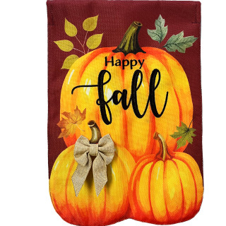 Happy Fall Pumpkin Trio Burlap Garden Flag with three orange pumpkins and autumn leaves design.
