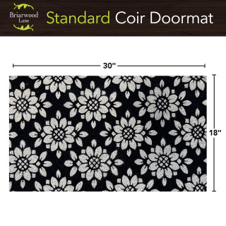 Geometric Floral Coir Doormat, 18 x 30, black background with white flowers and leaves design.