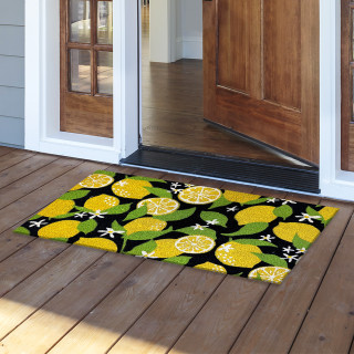 Lemons Coir Doormat, 18x30 inches, yellow lemon and green leaf design on black background.