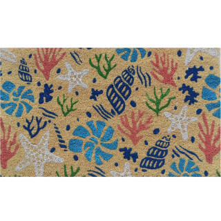 Scattered Shells coir doormat, 18x30, colorful coral and sea creature design on natural fiber background.