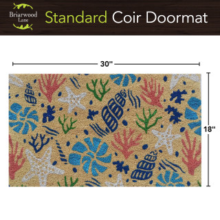 Scattered Shells Coir Doormat, 18 x 30 inches, colorful coral and sea shell design on natural coir.