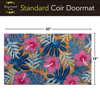 Pink and blue tropical floral coir doormat, 18 x 30 inches, vibrant pink flowers and leaves.
