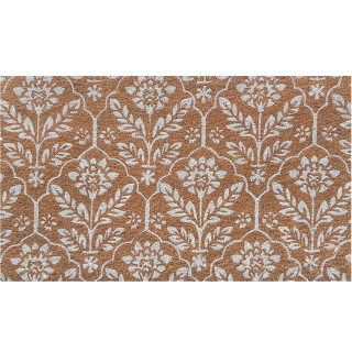 Elegant floral pattern coir doormat, 18 x 30 inches, brown with white floral designs.