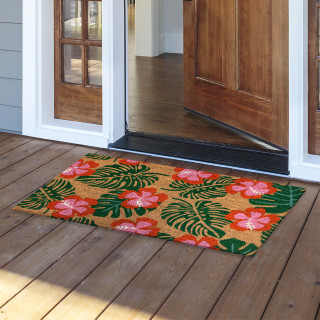 Paradise Blooms coir doormat, 18x30, vibrant pink flowers and green leaves on natural fiber background.