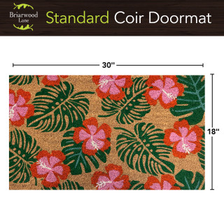 Paradise Blooms Coir Doormat, 18 x 30, tropical floral design with pink flowers and green leaves.