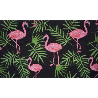 Pink flamingos and green leaves on black coir doormat, 18 x 30 inches tropical design.