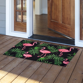 Flamingos and Leaves Coir Doormat, 18 x 30, pink flamingos and green leaves on black background.
